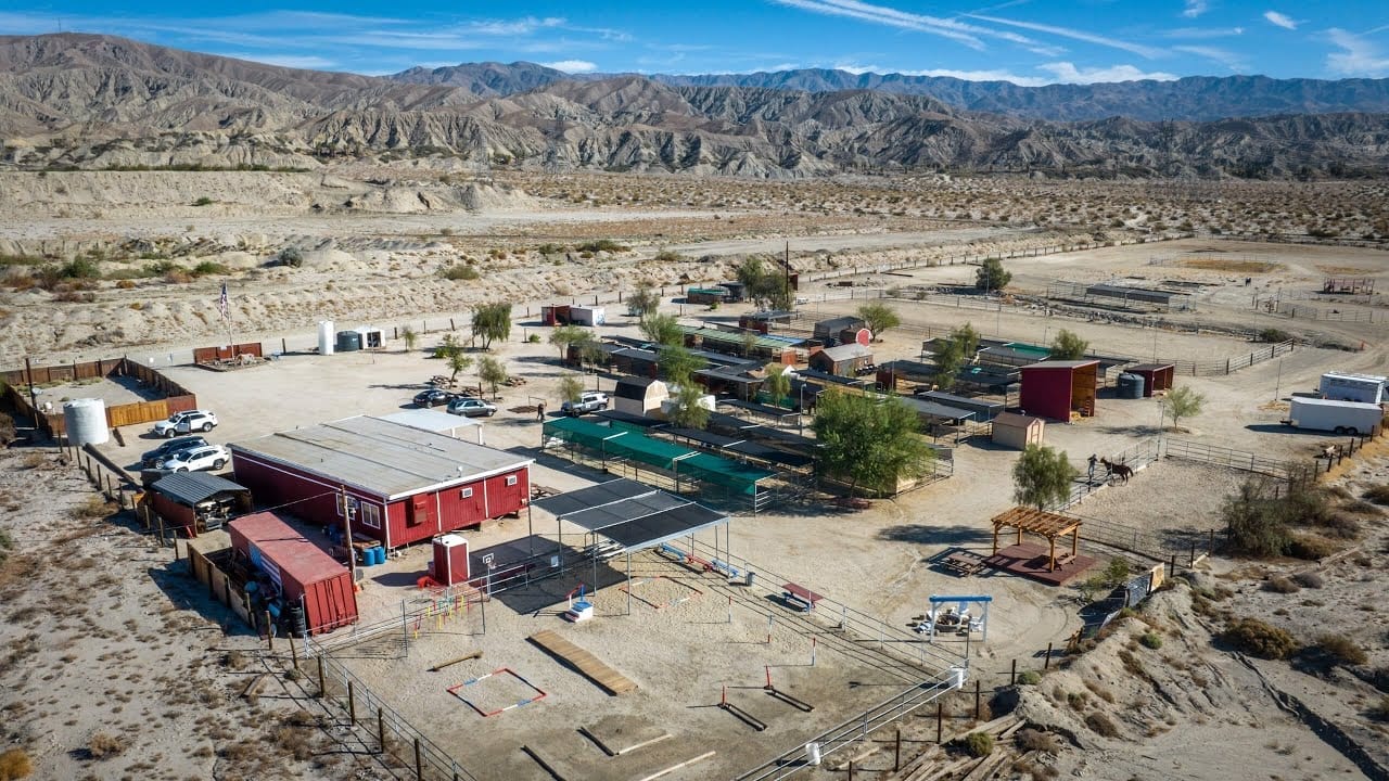 Aerial view of the Coachella Valley Horse Rescue ranch in the desert
